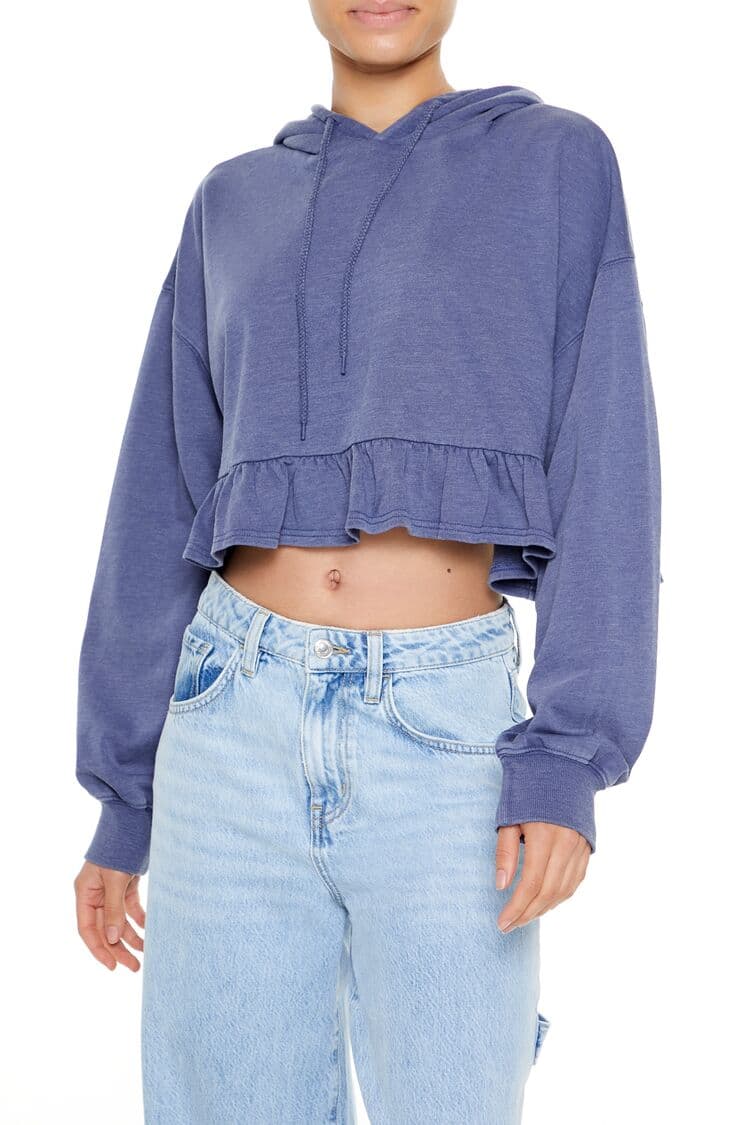 Crop Fırfırlı Kapüşonlu Sweatshirt