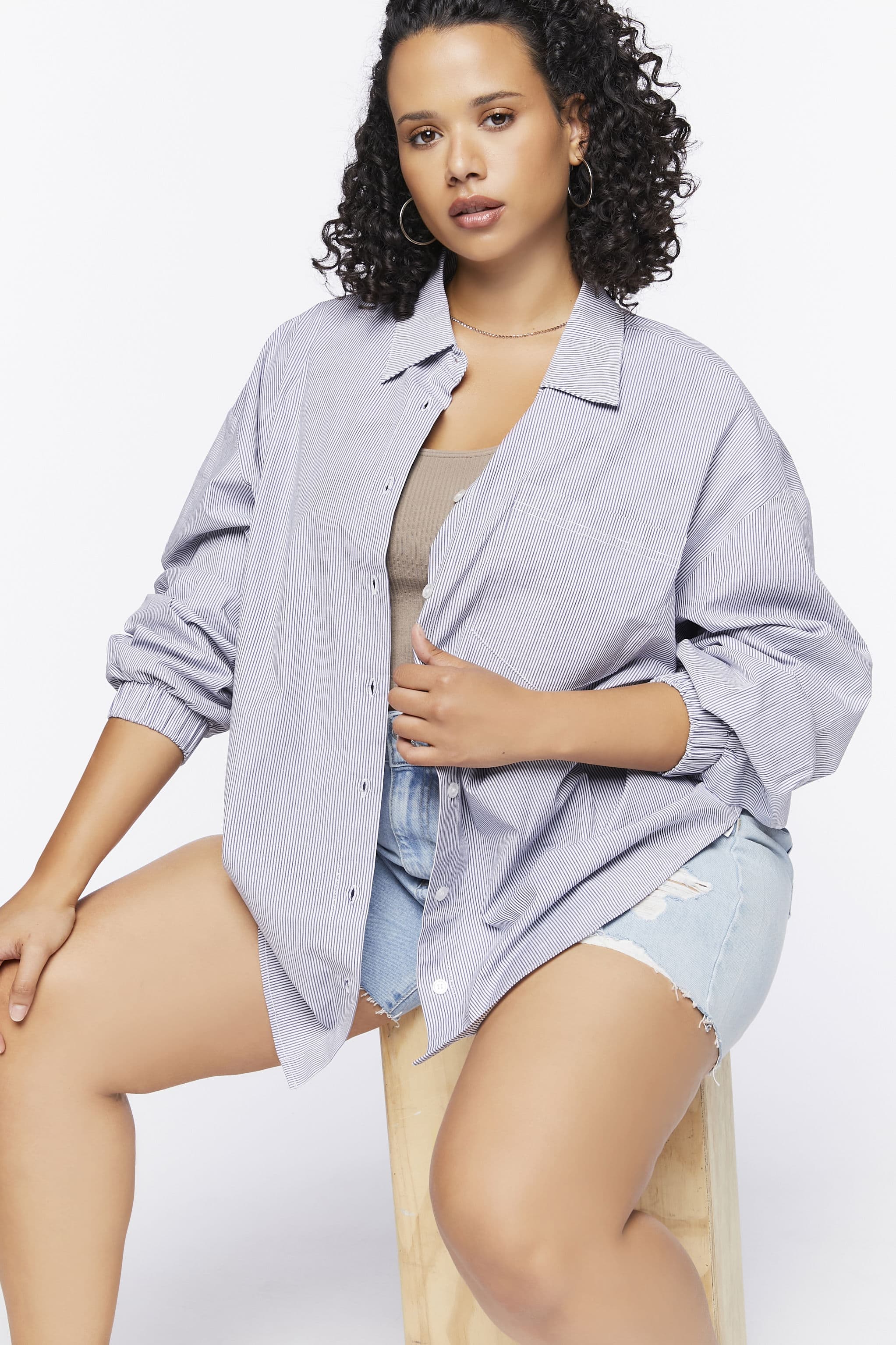 Plus Size Çizgili Gömlek