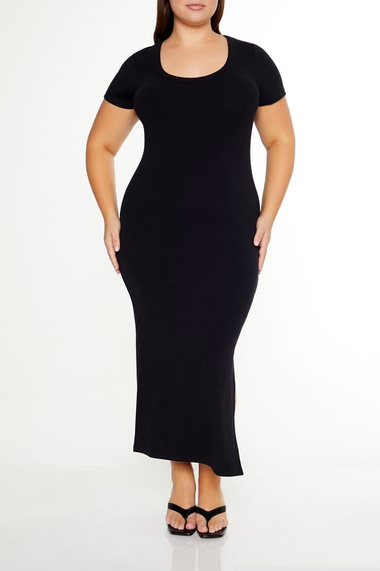 Plus Size Yan Yırtmaçlı Midi Elbise