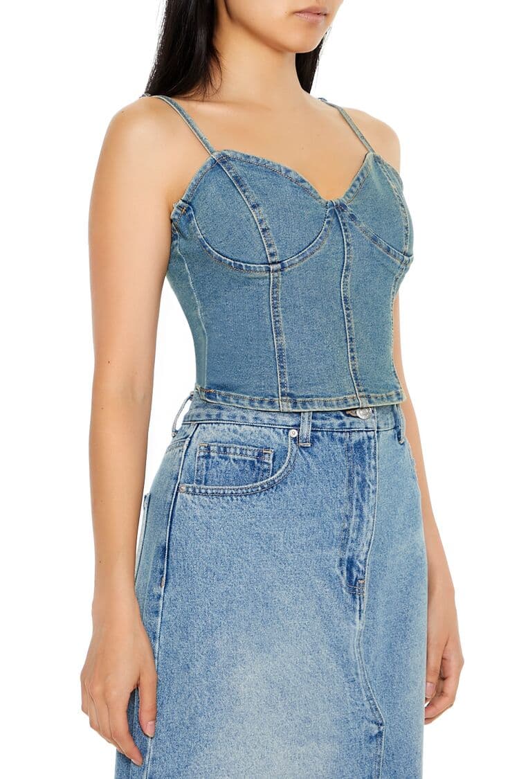 Denim Kalp Yaka Askılı Bluz