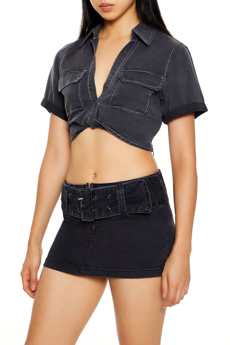 Önden Bağlama Detaylı Crop Gömlek