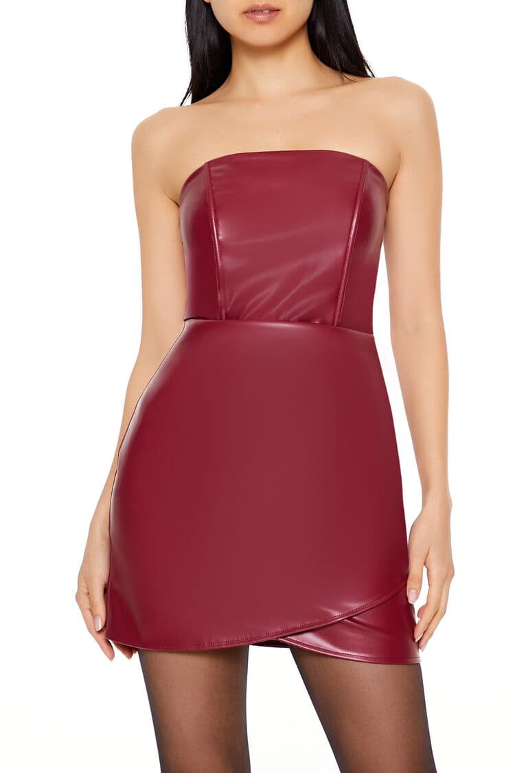 Suni Deri Straplez Yaka Elbise