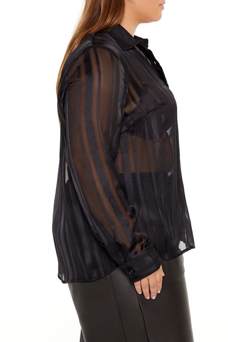 Plus Size Çizgili Transparan Gömlek
