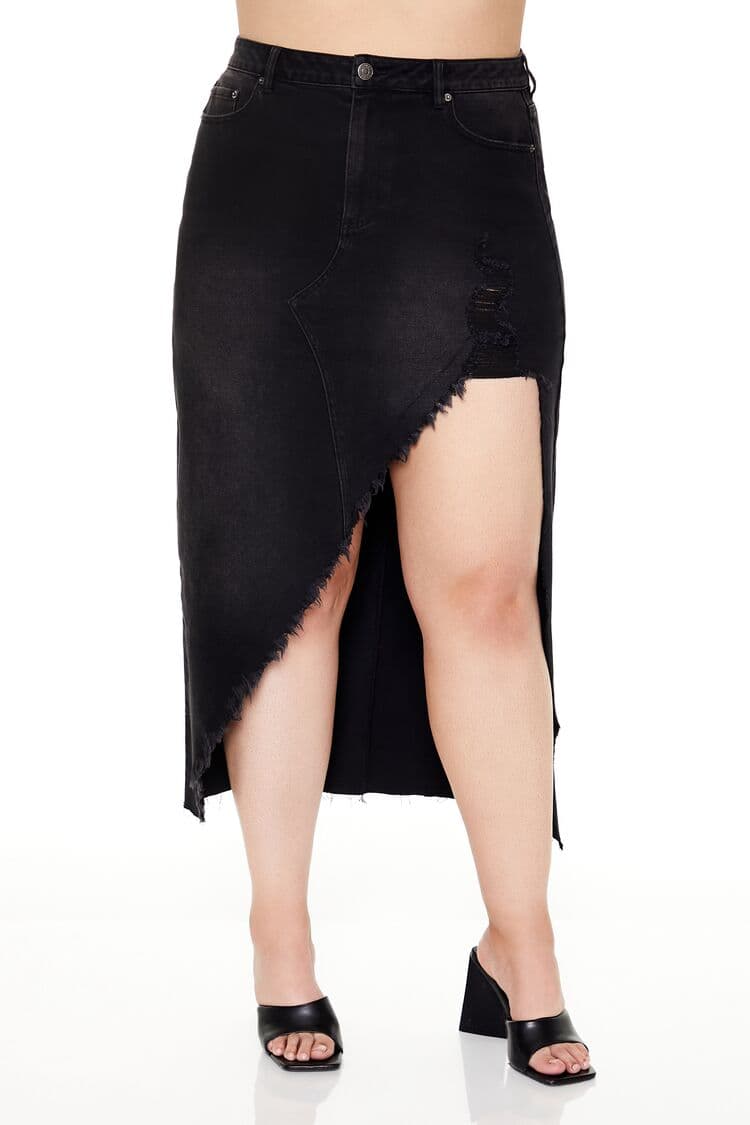 Plus Size Yırtmaç Detaylı Denim Etek