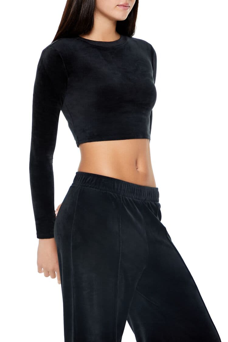 Velur Uzun Kollu Crop Tişört