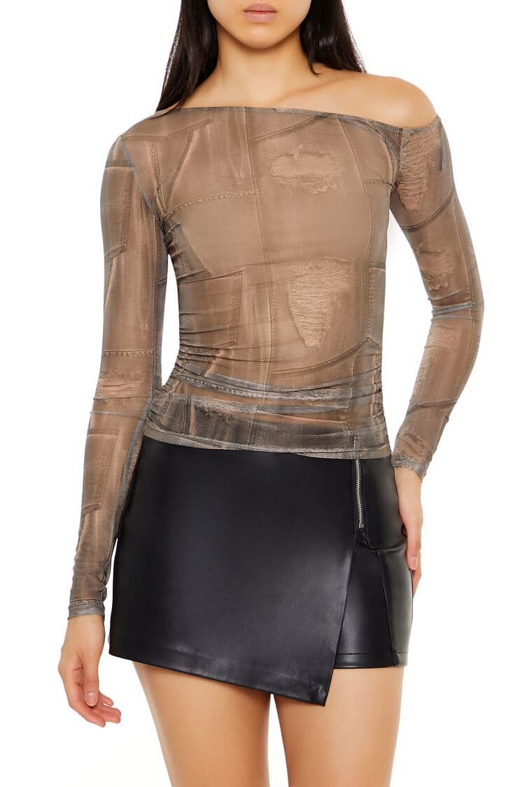 Denim Baskılı Tek Omuz Bluz