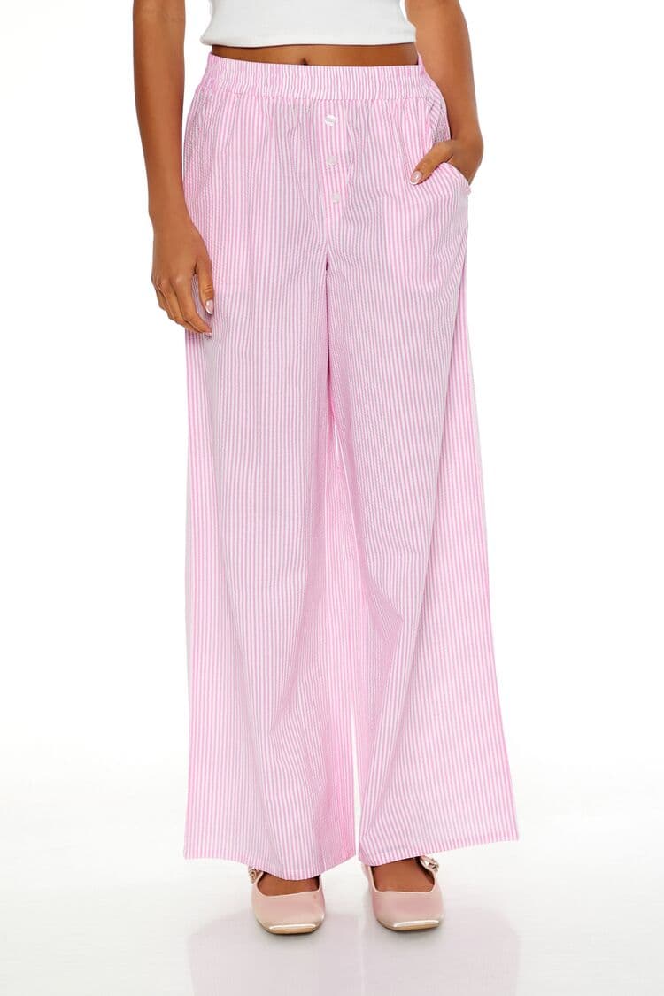 Çizgili Mid-Rise Wide-Leg Pantolon