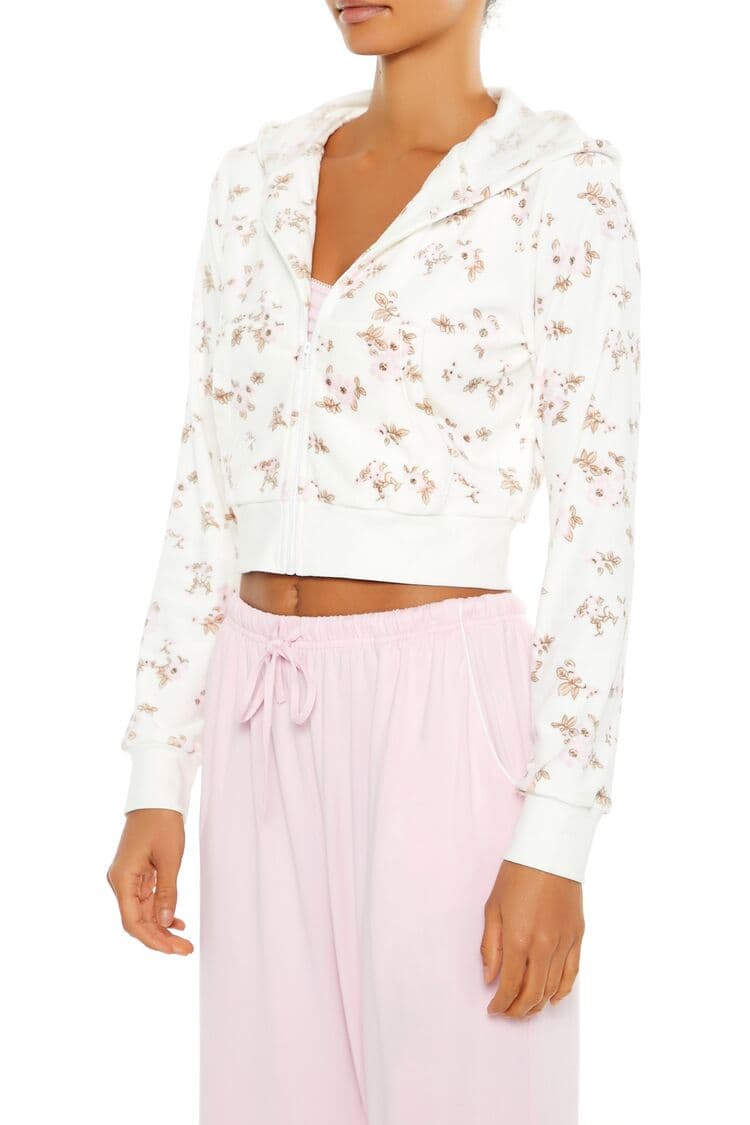 Çiçek Desenli Fermuarlı Kapüşonlu Pijama Üst
