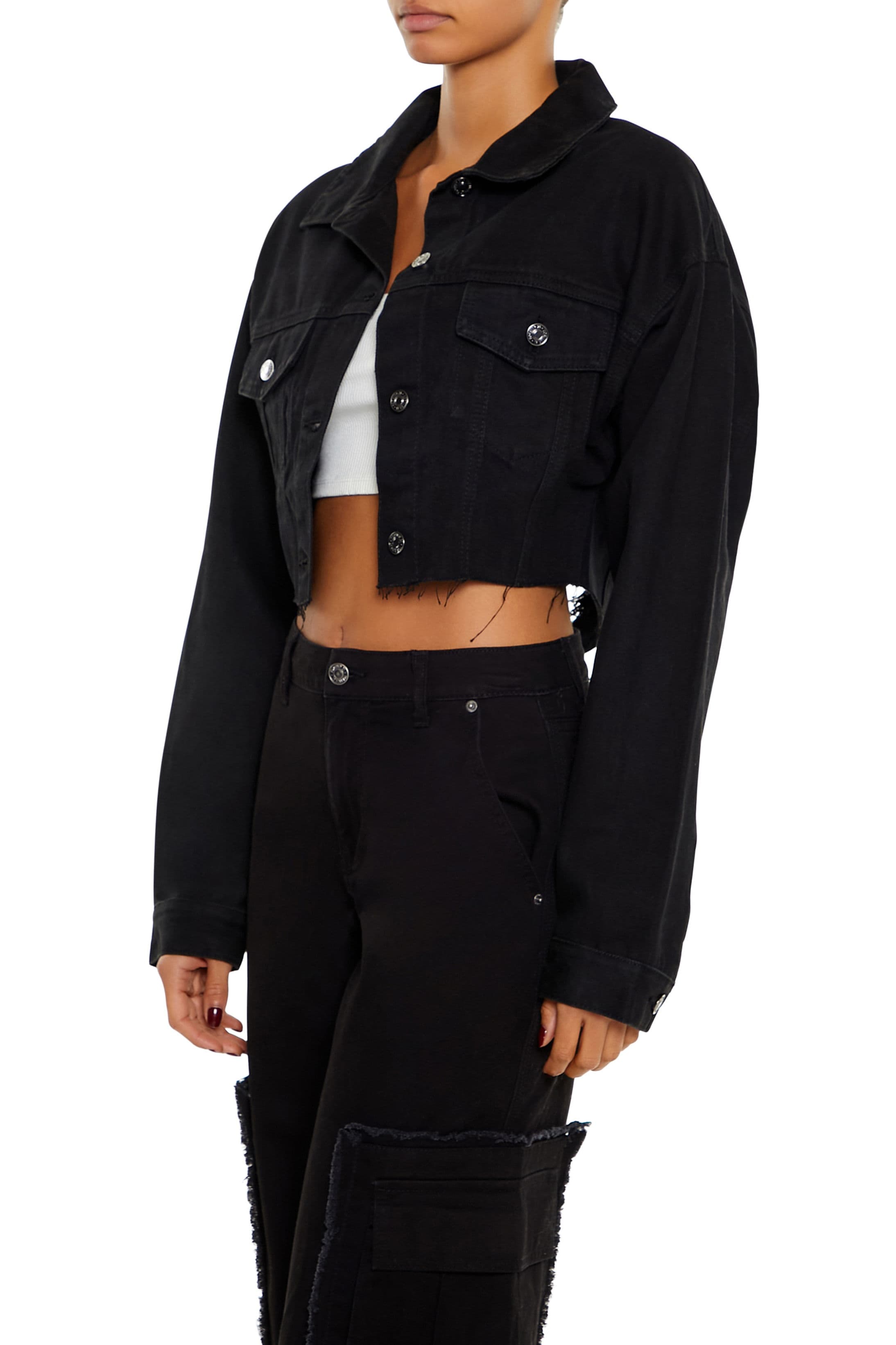 Parlak Taş Detaylı Crop Denim Ceket