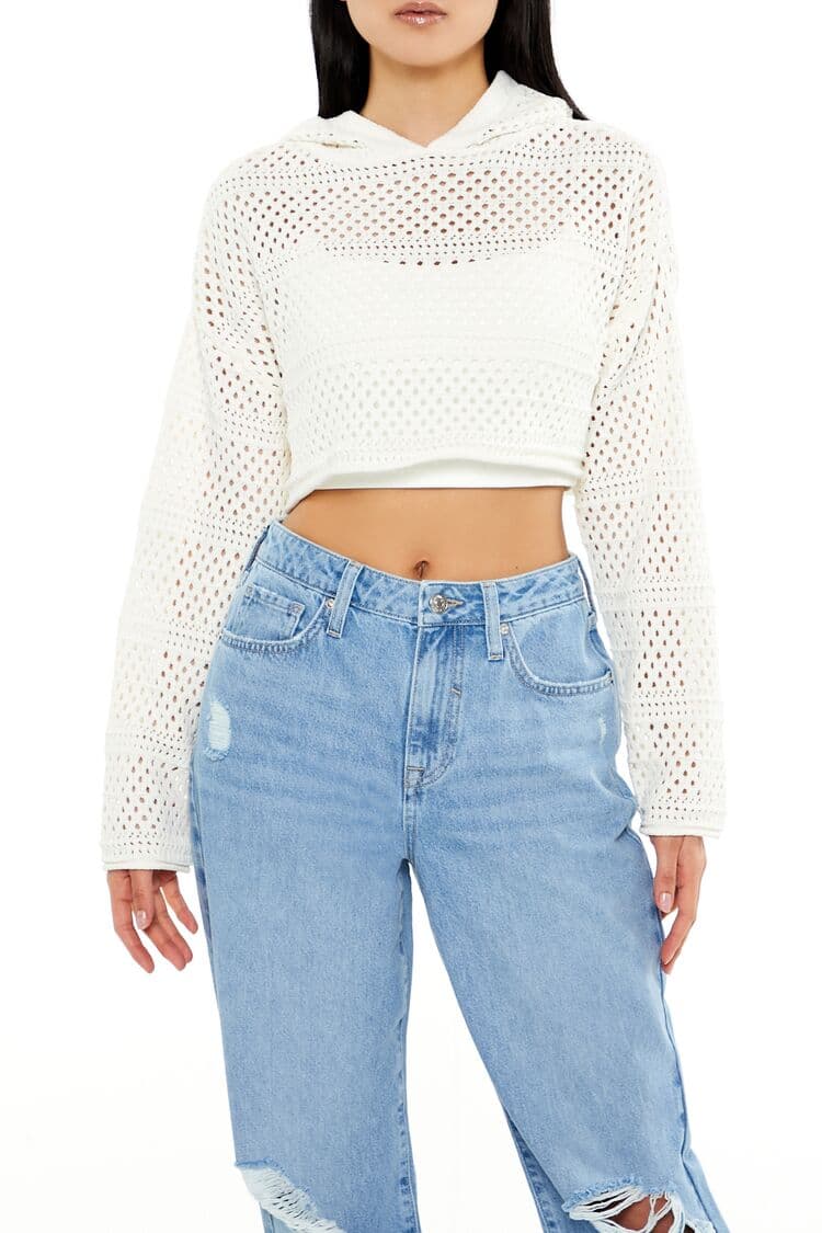 Ağ Desenli Kapüşonlu Kazak