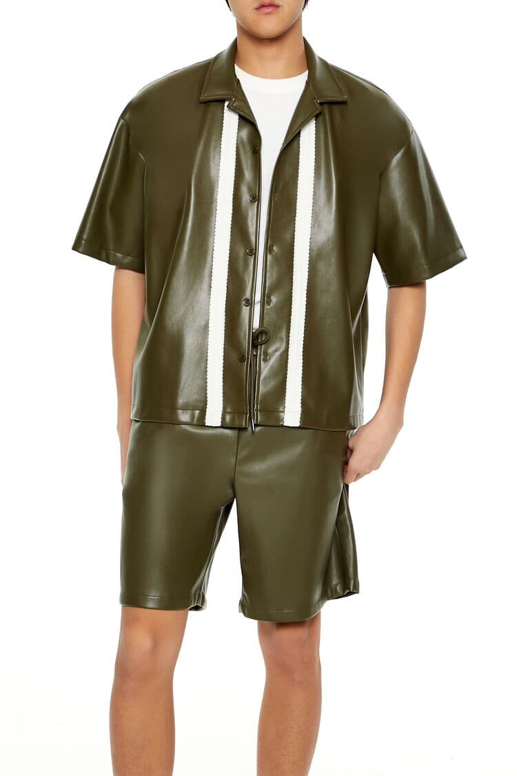 Çizgili Suni Deri Gömlek