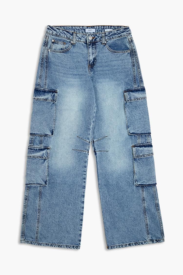 Düşük Bel Wide-Leg Kargo Jean Pantolon